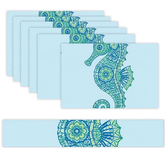 7 Piece Linen Table Runner and Placemats Set, Ornate Mandala Seahorse Design Round Corner Heat Resistant Washable Table Mats for Home Kitchen Dining Party Decoration