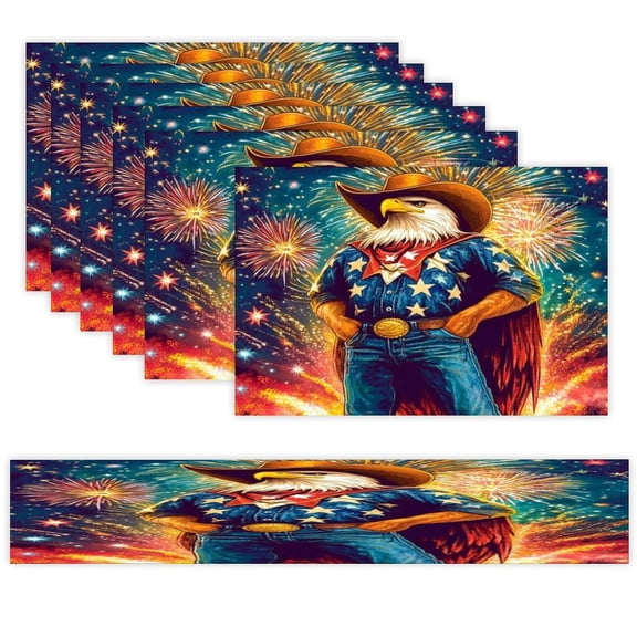 7 Piece Linen Table Runner and Placemats Set, Patriotic Eagle Cowboy Western Round Corner Heat Resistant Washable Table Mats for Home Kitchen Dining Party Decoration