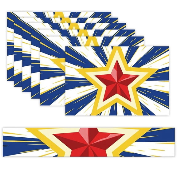 7 Piece Linen Table Runner and Placemats Set, Patriotic Heroic Star Comic Sunburst Round Corner Heat Resistant Washable Table Mats for Home Kitchen Dining Party Decoration