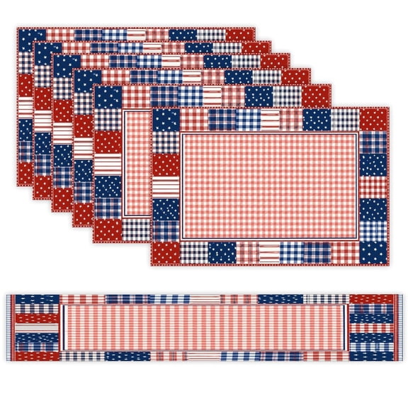7 Piece Linen Table Runner and Placemats Set, Patriotic Picnic Gingham, Americana Patchwork Round Corner Heat Resistant Washable Table Mats for Home Kitchen Dining Party Decoration
