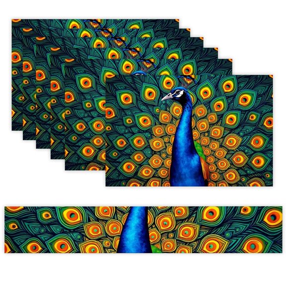 7 Piece Linen Table Runner and Placemats Set, Peacock Feathers Vibrant Round Corner Heat Resistant Washable Table Mats for Home Kitchen Dining Party Decoration