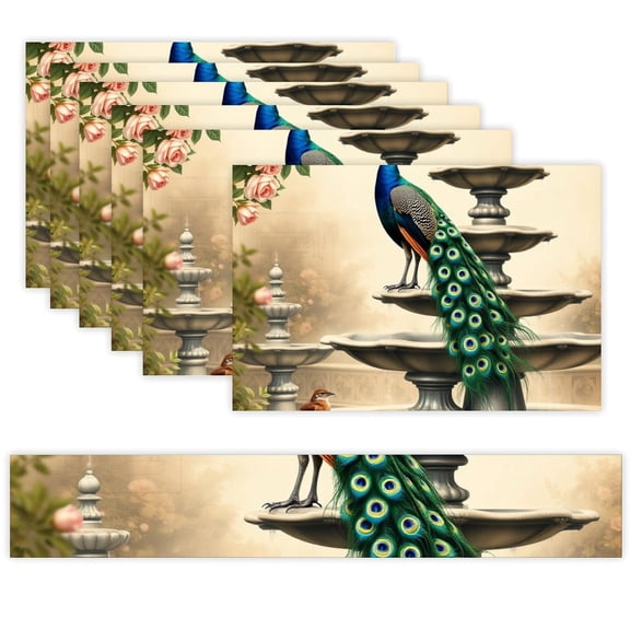 7 Piece Linen Table Runner and Placemats Set, Peacock Roses Vintage Round Corner Heat Resistant Washable Table Mats for Home Kitchen Dining Party Decoration