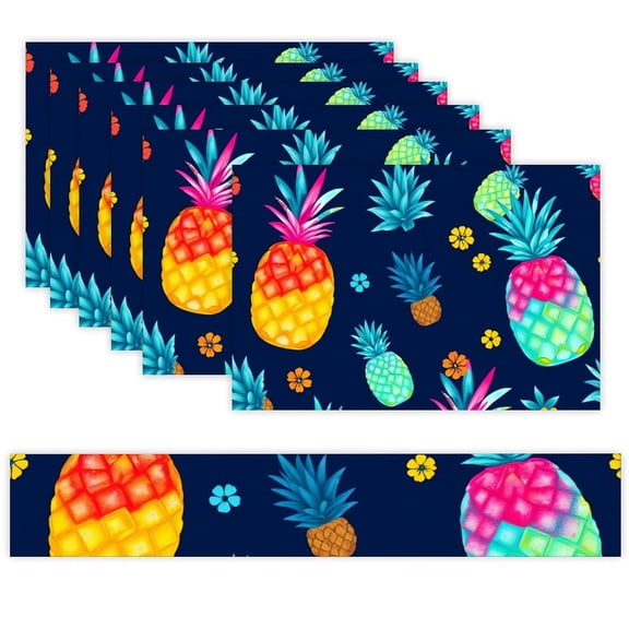7 Piece Linen Table Runner and Placemats Set, Pineapple Tropical Pattern Round Corner Heat Resistant Washable Table Mats for Home Kitchen Dining Party Decoration