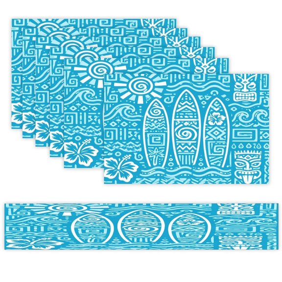 7 Piece Linen Table Runner and Placemats Set, Polynesian Surfboards Tiki Sun Round Corner Heat Resistant Washable Table Mats for Home Kitchen Dining Party Decoration