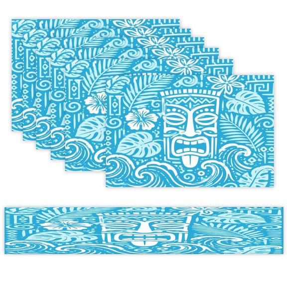 7 Piece Linen Table Runner and Placemats Set, Polynesian Tiki Mask Tropical Blue Round Corner Heat Resistant Washable Table Mats for Home Kitchen Dining Party Decoration