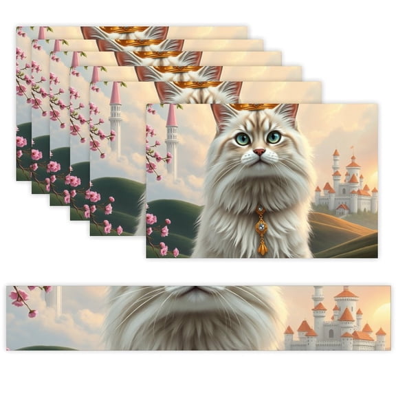 7 Piece Linen Table Runner and Placemats Set, Princess Cat Crown Castle Round Corner Heat Resistant Washable Table Mats for Home Kitchen Dining Party Decoration