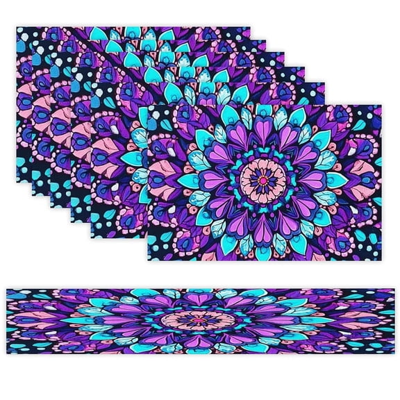 7 Piece Linen Table Runner and Placemats Set, Purple Mandala Floral Pattern Round Corner Heat Resistant Washable Table Mats for Home Kitchen Dining Party Decoration