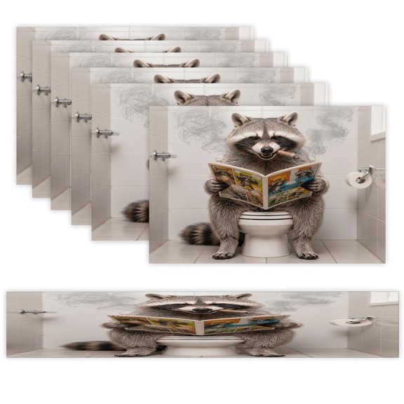 7 Piece Linen Table Runner and Placemats Set, Raccoon Toilet Cigar Comic Book Round Corner Heat Resistant Washable Table Mats for Home Kitchen Dining Party Decoration