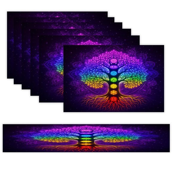7 Piece Linen Table Runner and Placemats Set, Rainbow Chakra Tree Of Life Round Corner Heat Resistant Washable Table Mats for Home Kitchen Dining Party Decoration