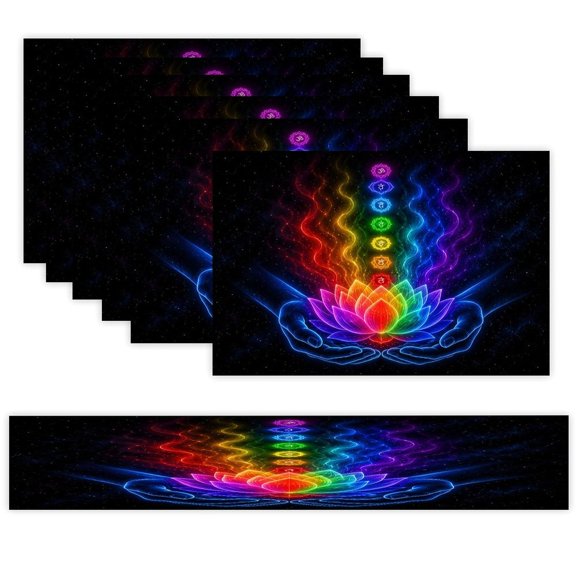 7 Piece Linen Table Runner and Placemats Set, Rainbow Lotus Chakra Meditation Hands Round Corner Heat Resistant Washable Table Mats for Home Kitchen Dining Party Decoration