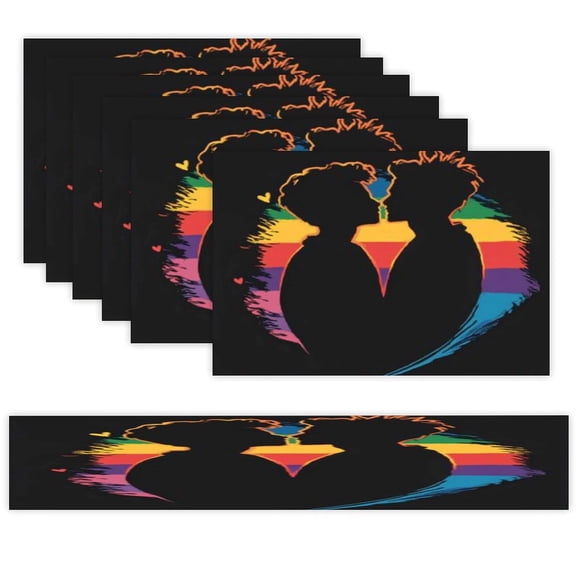 7 Piece Linen Table Runner and Placemats Set, Rainbow Silhouette Faces Art Round Corner Heat Resistant Washable Table Mats for Home Kitchen Dining Party Decoration
