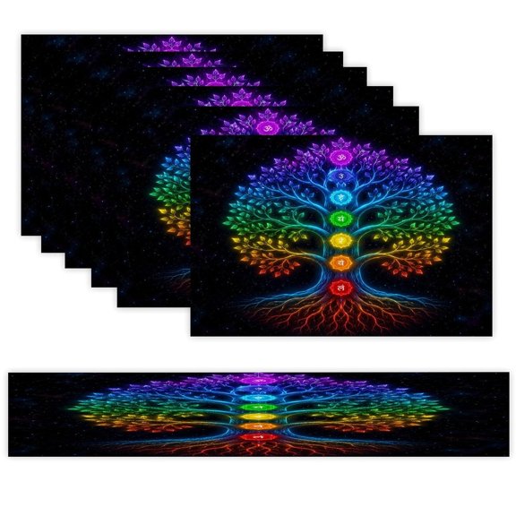 7 Piece Linen Table Runner and Placemats Set, Rainbow Tree Chakra Meditation Hands Round Corner Heat Resistant Washable Table Mats for Home Kitchen Dining Party Decoration