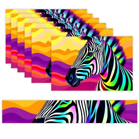 7 Piece Linen Table Runner and Placemats Set, Rainbow Zebra Animal Tapestry Round Corner Heat Resistant Washable Table Mats for Home Kitchen Dining Party Decoration