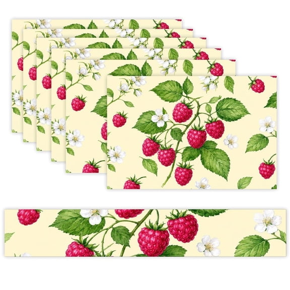 7 Piece Linen Table Runner and Placemats Set, Raspberry Vine Pattern Round Corner Heat Resistant Washable Table Mats for Home Kitchen Dining Party Decoration