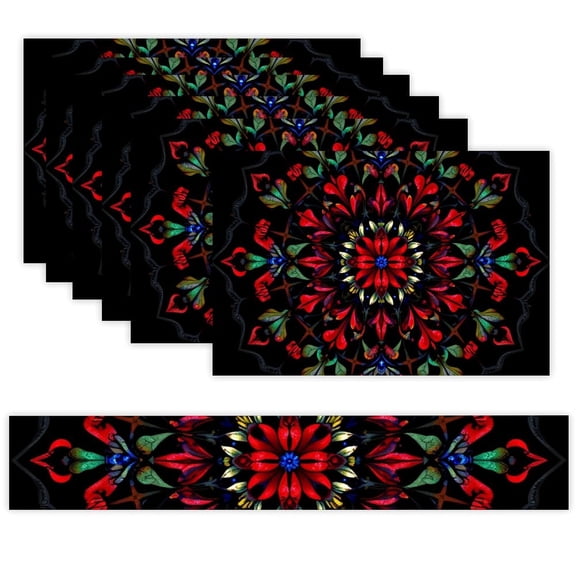 7 Piece Linen Table Runner and Placemats Set, Red Flower Mandala Round Corner Heat Resistant Washable Table Mats for Home Kitchen Dining Party Decoration