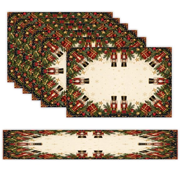 7 Piece Linen Table Runner and Placemats Set, Regal Nutcracker Christmas Garland Round Corner Heat Resistant Washable Table Mats for Home Kitchen Dining Party Decoration