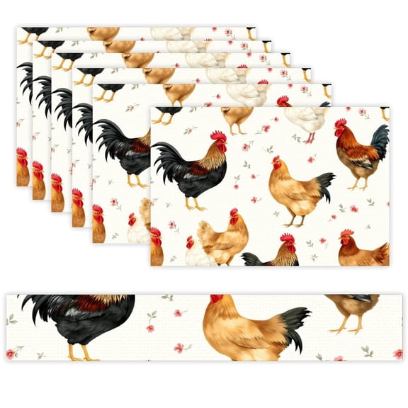 7 Piece Linen Table Runner and Placemats Set, Rooster Chicken Pattern Round Corner Heat Resistant Washable Table Mats for Home Kitchen Dining Party Decoration