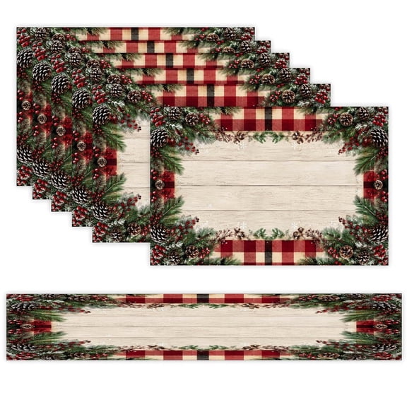 7 Piece Linen Table Runner and Placemats Set, Rustic Buffalo Plaid Pine Cone Round Corner Heat Resistant Washable Table Mats for Home Kitchen Dining Party Decoration