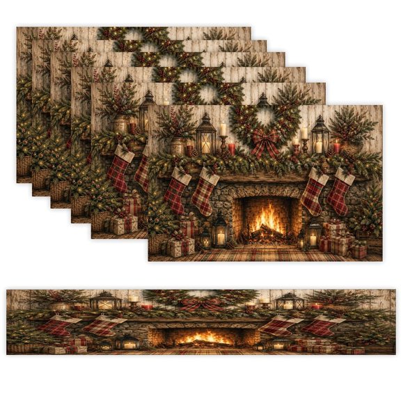 7 Piece Linen Table Runner and Placemats Set, Rustic Farmhouse Christmas Mantel Round Corner Heat Resistant Washable Table Mats for Home Kitchen Dining Party Decoration