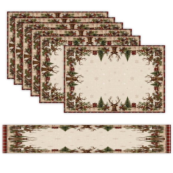 7 Piece Linen Table Runner and Placemats Set, Rustic Reindeer Pine Farmhouse Round Corner Heat Resistant Washable Table Mats for Home Kitchen Dining Party Decoration