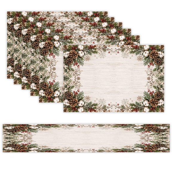 7 Piece Linen Table Runner and Placemats Set, Rustic Winter Cotton Pine Cone Round Corner Heat Resistant Washable Table Mats for Home Kitchen Dining Party Decoration