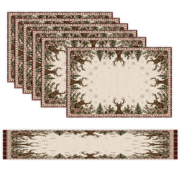 7 Piece Linen Table Runner and Placemats Set, Rustic Winter Reindeer Woodland Round Corner Heat Resistant Washable Table Mats for Home Kitchen Dining Party Decoration