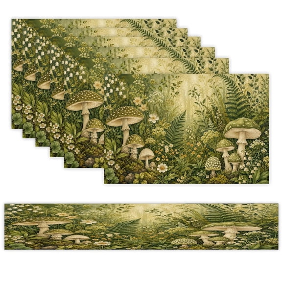 7 Piece Linen Table Runner and Placemats Set, Sage Meadow Fairy Mushroom Garden Round Corner Heat Resistant Washable Table Mats for Home Kitchen Dining Party Decoration