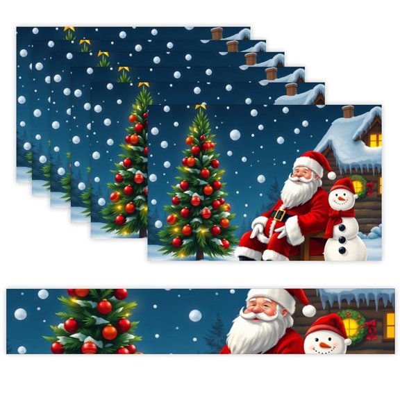 7 Piece Linen Table Runner and Placemats Set, Santa Snowman Christmas Winter Round Corner Heat Resistant Washable Table Mats for Home Kitchen Dining Party Decoration