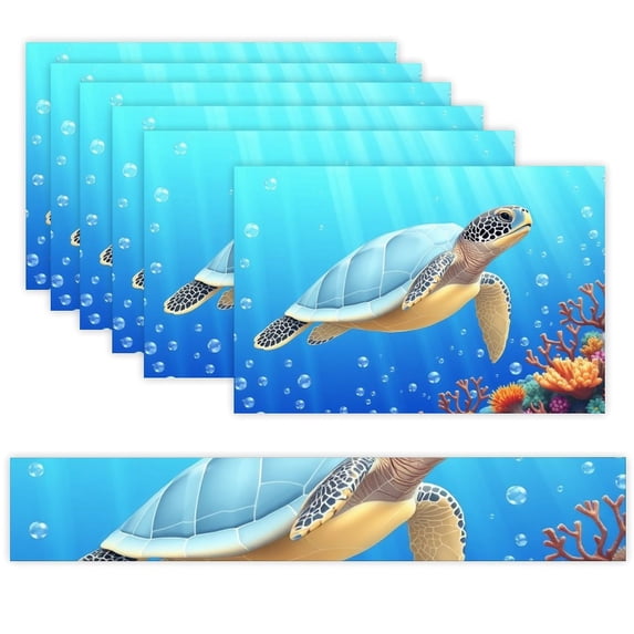 7 Piece Linen Table Runner and Placemats Set, Sea Turtle Blue Ocean ...