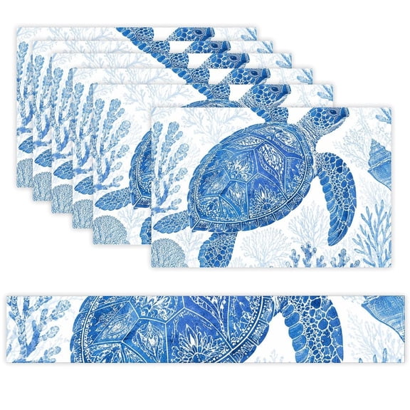 7 Piece Linen Table Runner and Placemats Set, Sea Turtle Shell Pattern Round Corner Heat Resistant Washable Table Mats for Home Kitchen Dining Party Decoration