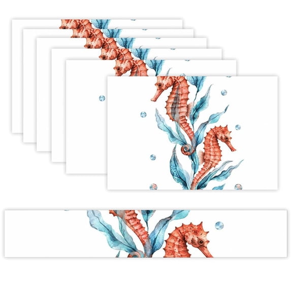 7 Piece Linen Table Runner and Placemats Set, Seahorse Seaweed ...