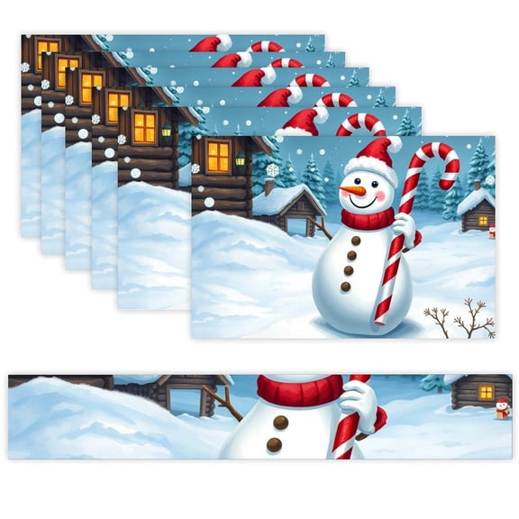 7 Piece Linen Table Runner and Placemats Set, Snowman Winter Christmas Tapestry Round Corner Heat Resistant Washable Table Mats for Home Kitchen Dining Party Decoration