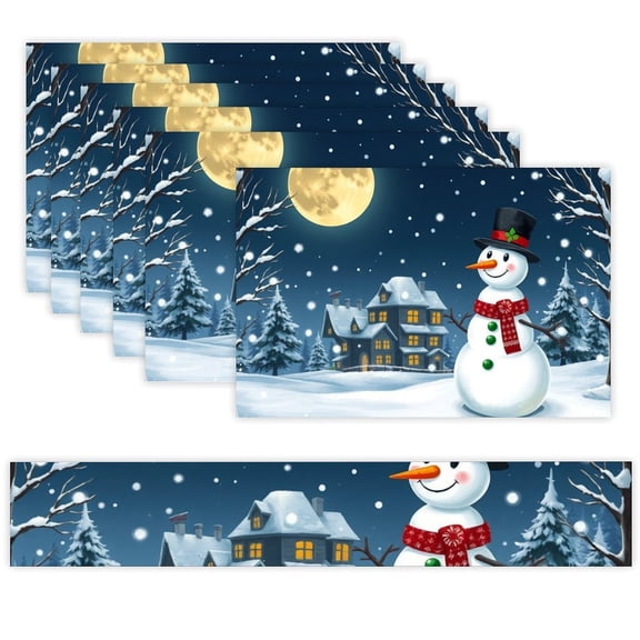 7 Piece Linen Table Runner and Placemats Set, Snowman Winter Village Night Round Corner Heat Resistant Washable Table Mats for Home Kitchen Dining Party Decoration