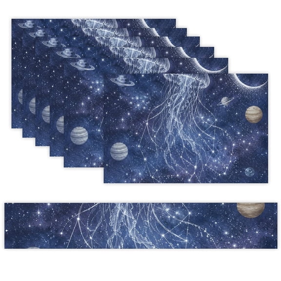 7 Piece Linen Table Runner and Placemats Set, Space Jellyfish Planetary Orbit Round Corner Heat Resistant Washable Table Mats for Home Kitchen Dining Party Decoration
