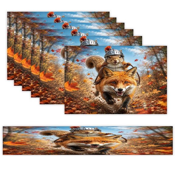 7 Piece Linen Table Runner and Placemats Set, Squirrel Knight Riding Fox in Autumn Round Corner Heat Resistant Washable Table Mats for Home Kitchen Dining Party Decoration