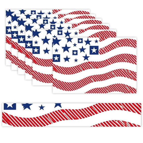 7 Piece Linen Table Runner and Placemats Set, Stars And Stripes Waves Round Corner Heat Resistant Washable Table Mats for Home Kitchen Dining Party Decoration