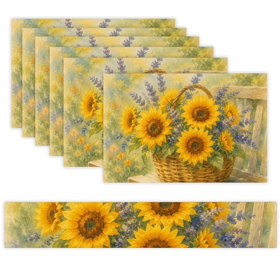 7 Piece Linen Table Runner and Placemats Set, Sunflower Basket Bench Round Corner Heat Resistant Washable Table Mats for Home Kitchen Dining Party Decoration