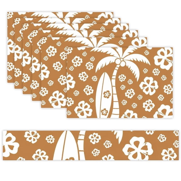 7 Piece Linen Table Runner and Placemats Set, Surfboard And Palm Tree Aloha Pattern Round Corner Heat Resistant Washable Table Mats for Home Kitchen Dining Party Decoration