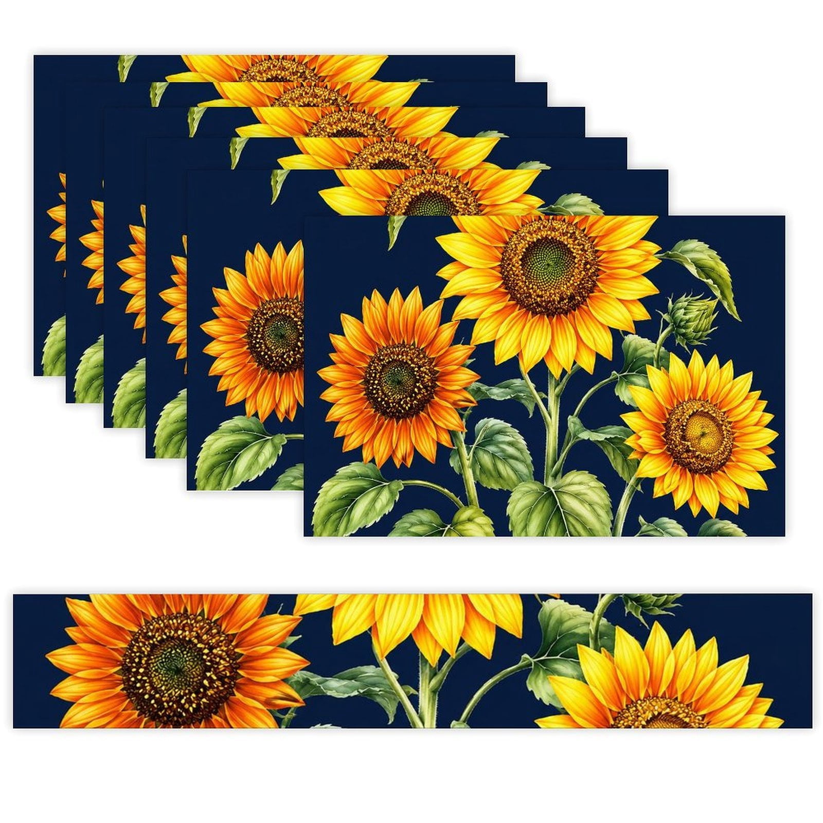 7 Piece Linen Table Runner and Placemats Set, Three Sunflowers Navy ...