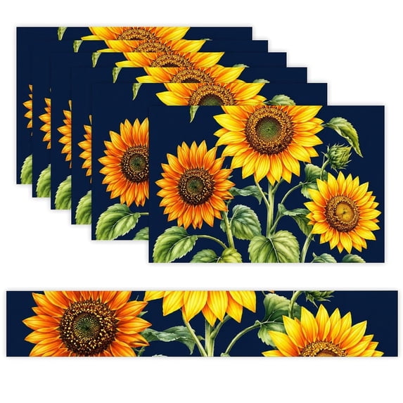 7 Piece Linen Table Runner and Placemats Set, Three Sunflowers Navy ...