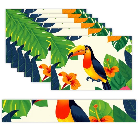 7 Piece Linen Table Runner and Placemats Set, Toucan Tropical Bird Round Corner Heat Resistant Washable Table Mats for Home Kitchen Dining Party Decoration