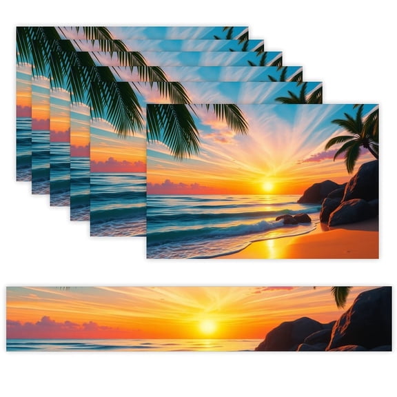 7 Piece Linen Table Runner and Placemats Set, Tropical Beach Sunset Round Corner Heat Resistant Washable Table Mats for Home Kitchen Dining Party Decoration