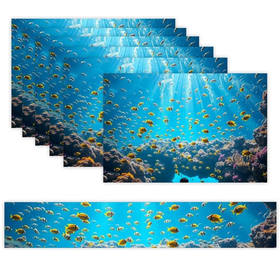 7 Piece Linen Table Runner and Placemats Set, Tropical Fish Ocean Round Corner Heat Resistant Washable Table Mats for Home Kitchen Dining Party Decoration