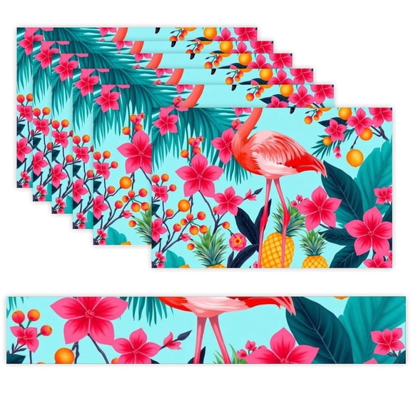7 Piece Linen Table Runner and Placemats Set, Tropical Flamingo Pineapple Round Corner Heat Resistant Washable Table Mats for Home Kitchen Dining Party Decoration