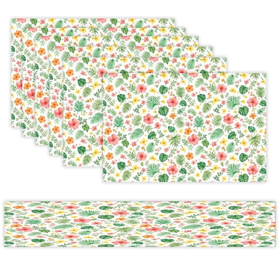 7 Piece Linen Table Runner and Placemats Set, Tropical Floral Ditsy Pattern Round Corner Heat Resistant Washable Table Mats for Home Kitchen Dining Party Decoration