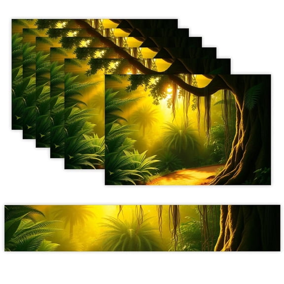 7 Piece Linen Table Runner and Placemats Set, Tropical Jungle Light Round Corner Heat Resistant Washable Table Mats for Home Kitchen Dining Party Decoration