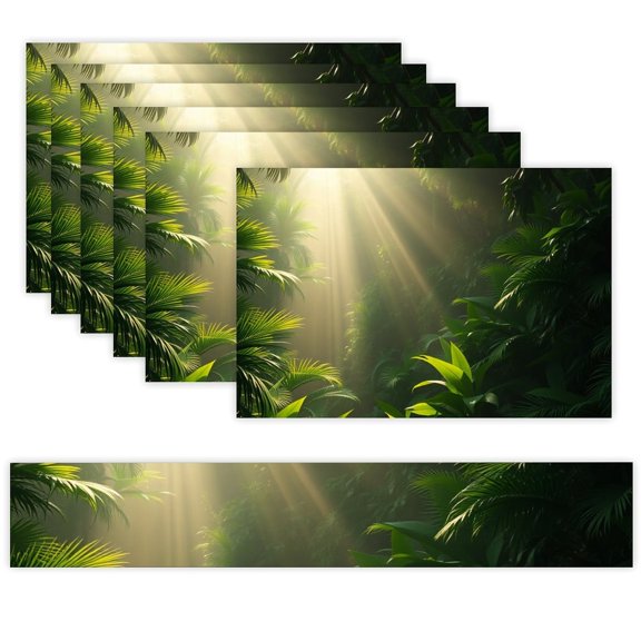 7 Piece Linen Table Runner and Placemats Set, Tropical Jungle Sunlight Round Corner Heat Resistant Washable Table Mats for Home Kitchen Dining Party Decoration