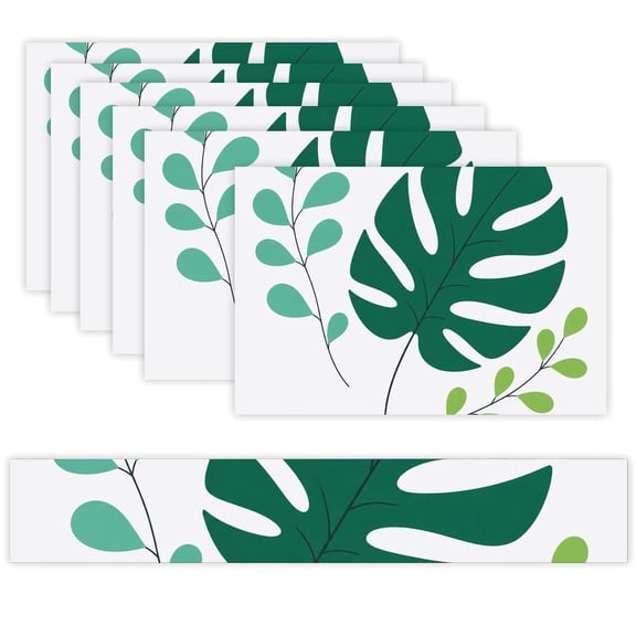 7 Piece Linen Table Runner and Placemats Set, Tropical Monstera Leaves Round Corner Heat Resistant Washable Table Mats for Home Kitchen Dining Party Decoration