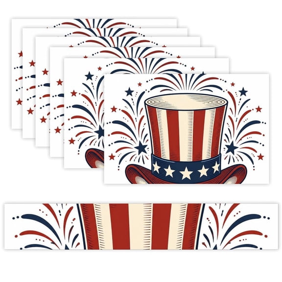 7 Piece Linen Table Runner and Placemats Set, Uncle Sam Top Hat Round Corner Heat Resistant Washable Table Mats for Home Kitchen Dining Party Decoration