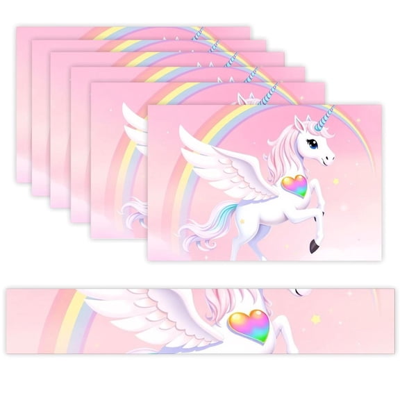 7 Piece Linen Table Runner and Placemats Set, Unicorn Rainbow Magic Round Corner Heat Resistant Washable Table Mats for Home Kitchen Dining Party Decoration